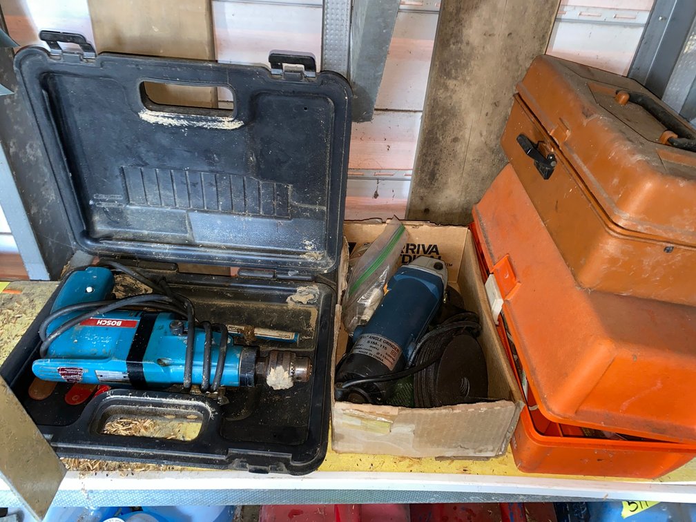 Corded Drill with Case, Angle Grinder, and Toolboxes