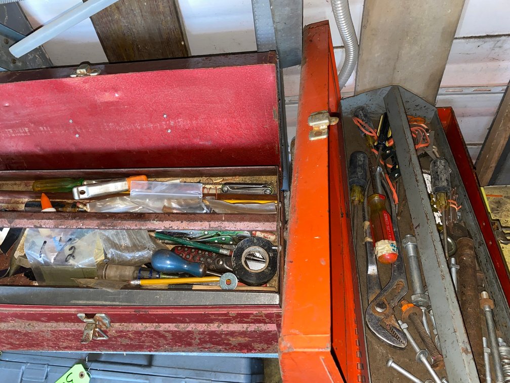 2 Metal Toolboxes with Hand Tools and Hardware