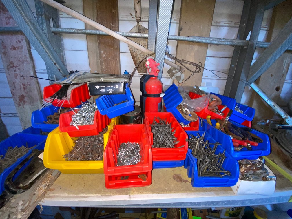 Plastic Hardware Bins, Fasteners, Hand Tools, and Fire Extinguisher