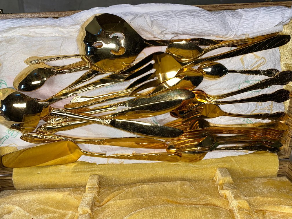 Gold-Tone Flatware and Serving Pieces with Wooden Chest