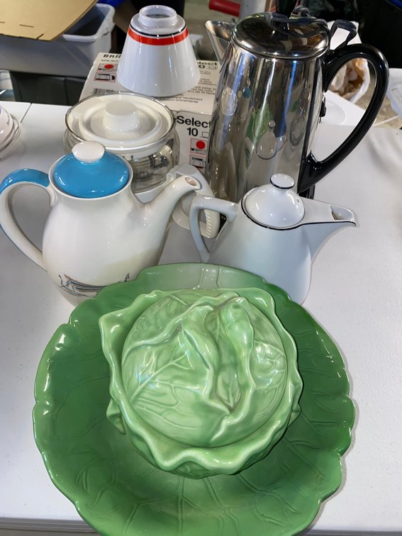 Electric Percolator, Teapots, Glass Carafes, and Cabbage Ware Bowl