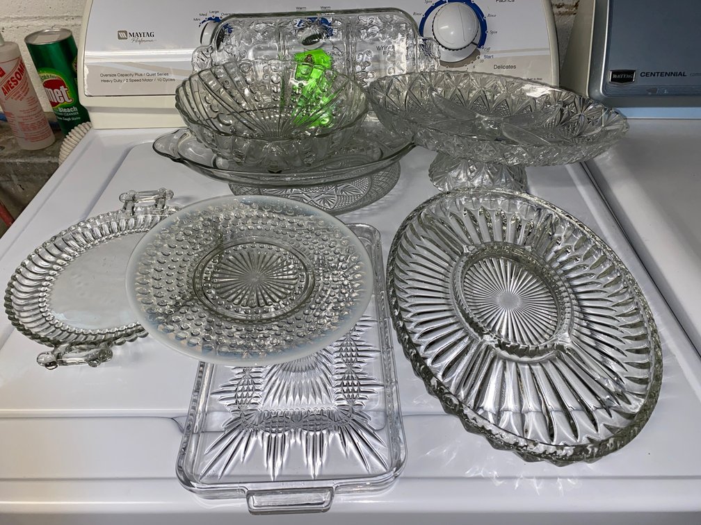 Clear and Opalescent Pressed Glass Trays, Bowls, and Compote