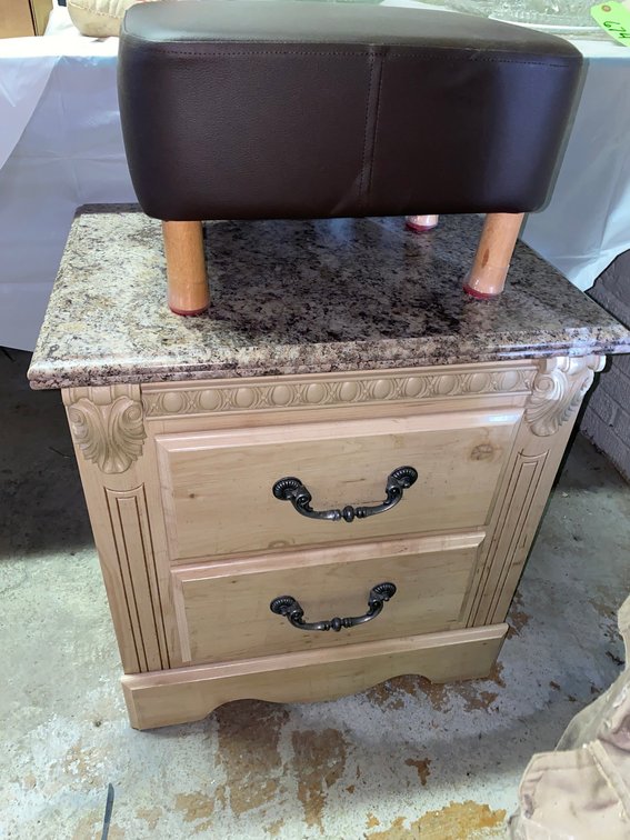 Wood Nightstand with Stone Top and Upholstered Footstool