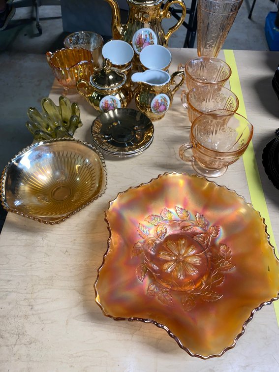 Gilt Porcelain Tea Service, Carnival Glass, Pressed Glass, and More