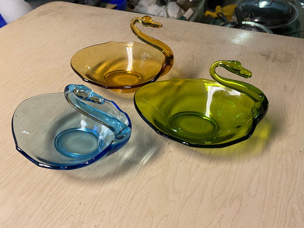 3 Colored Glass Swan Dishes