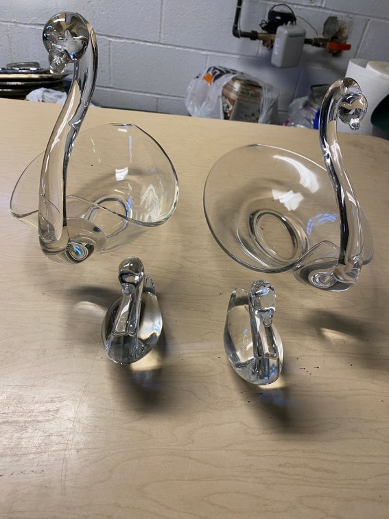 4 Clear Glass Swan Bowls and Figurines