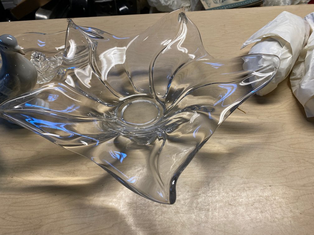 Glass Bowls, Compote, Bird Figurines, and Vase