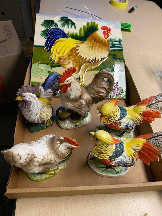 Ceramic Rooster Plaque and Bird Figurines