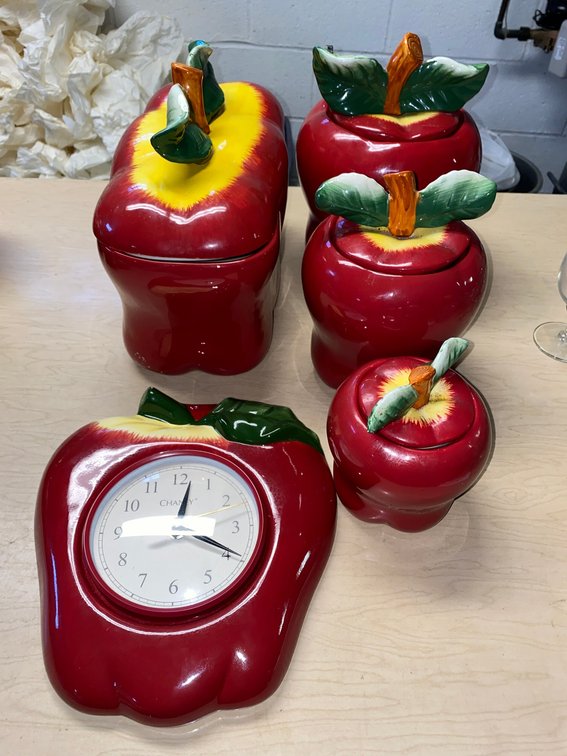Ceramic Apple Canisters, Covered Dish, and Wall Clock