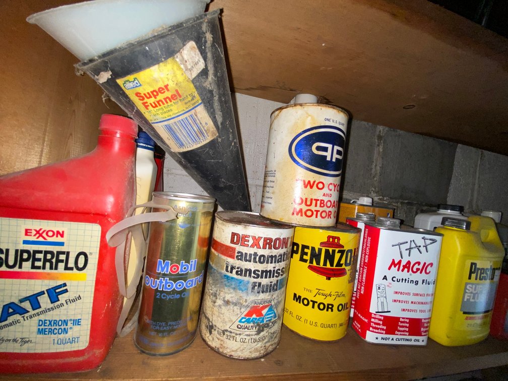 Automotive Fluids, Oil Cans, and Funnel