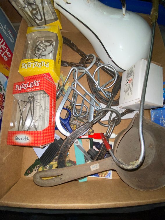 Metal Wire Puzzles, Cast Iron Ladle, Enamelware Vessel, and More
