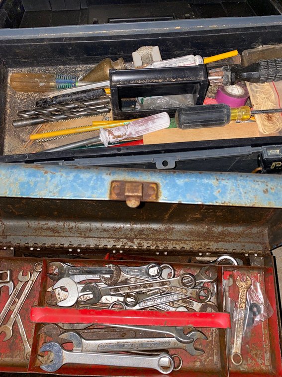 Toolboxes with Wrenches, Drill Bits, Hand Saw, and More