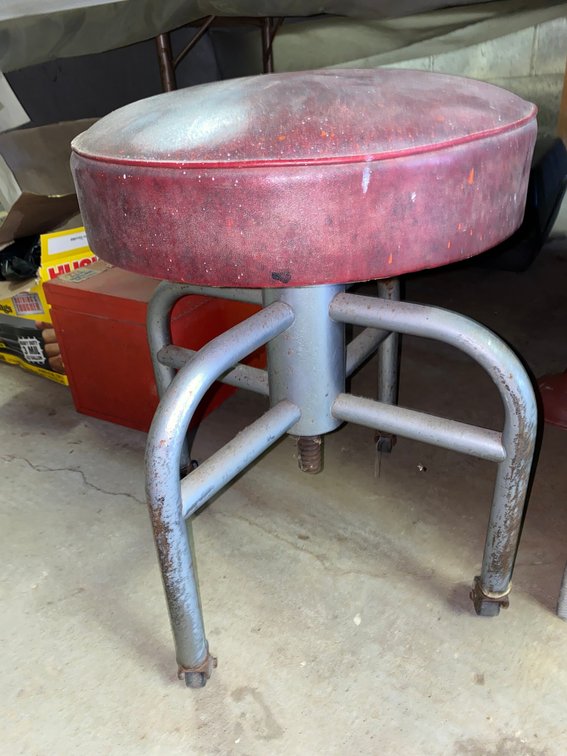 Rolling Shop Stool and Metal Drum Top