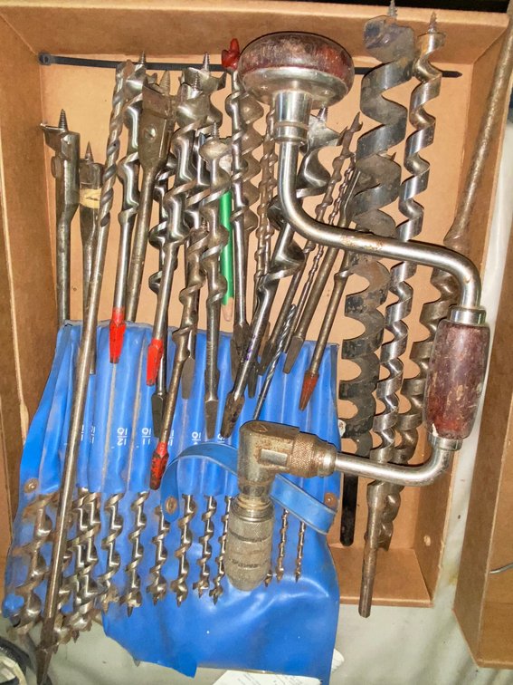 Hand Brace Drill, Auger Bits, and Bit Roll Pouch
