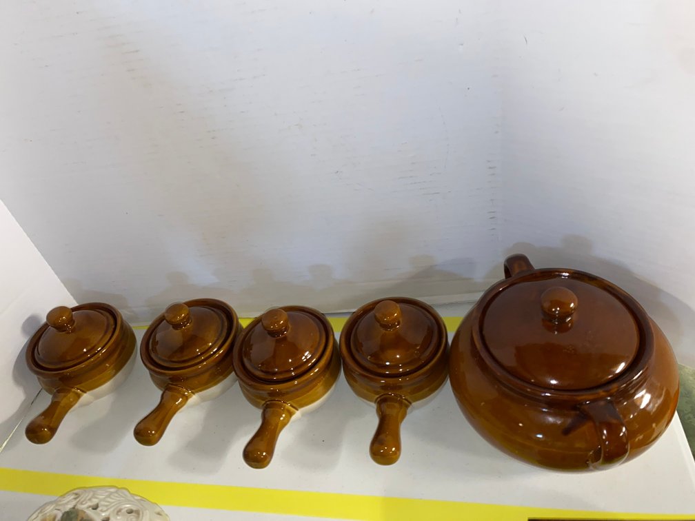 Set of Glazed Ceramic Lidded Pot and 4 Soup Crocks