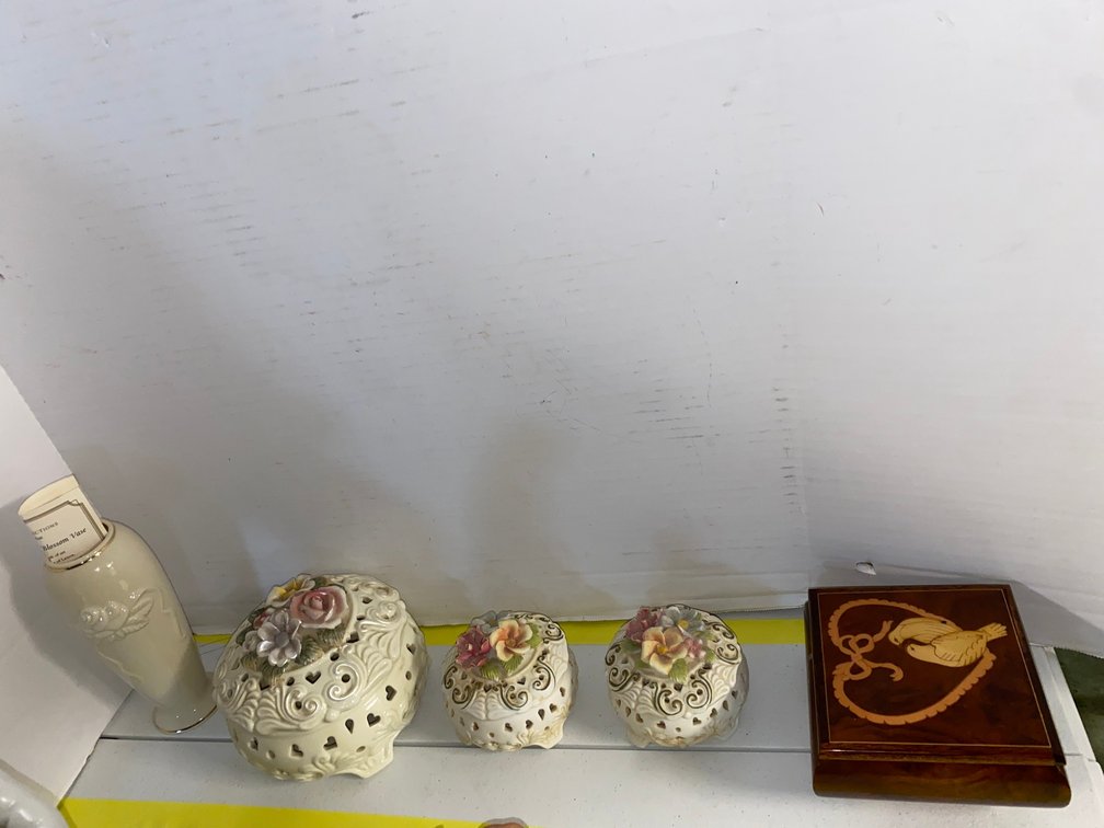 Ceramic Trinket Boxes, Porcelain Bud Vase, Inlaid Wood Box