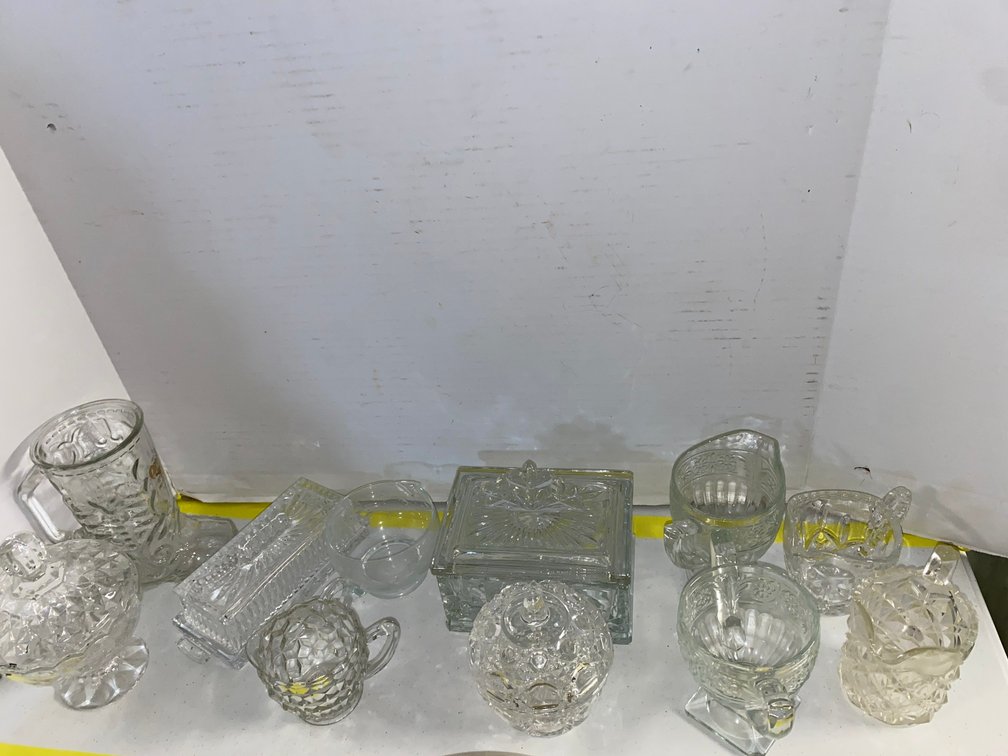 Clear Pressed Glass Butter Dish, Lidded Boxes, Creamers, and More