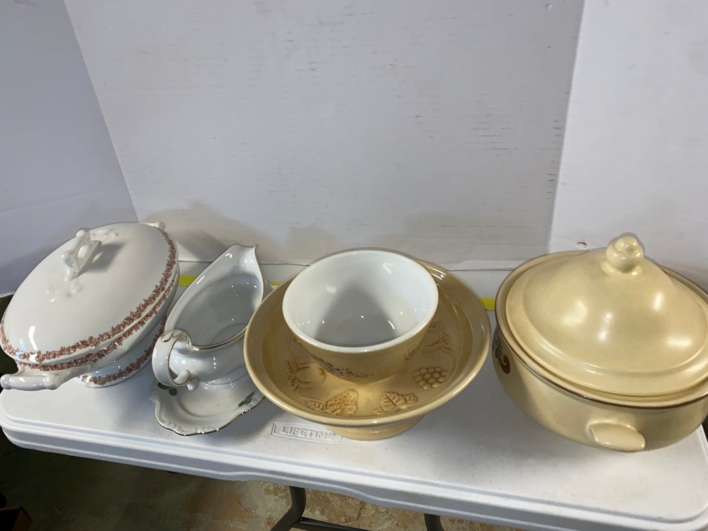 Porcelain Tureen, Stoneware Casserole Dish, Gravy Boat, and Bowls
