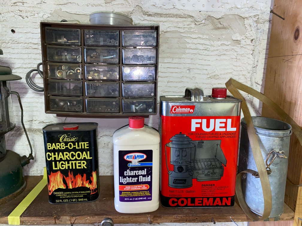 Hardware Organizer, Fuel Cans, and Galvanized Bucket