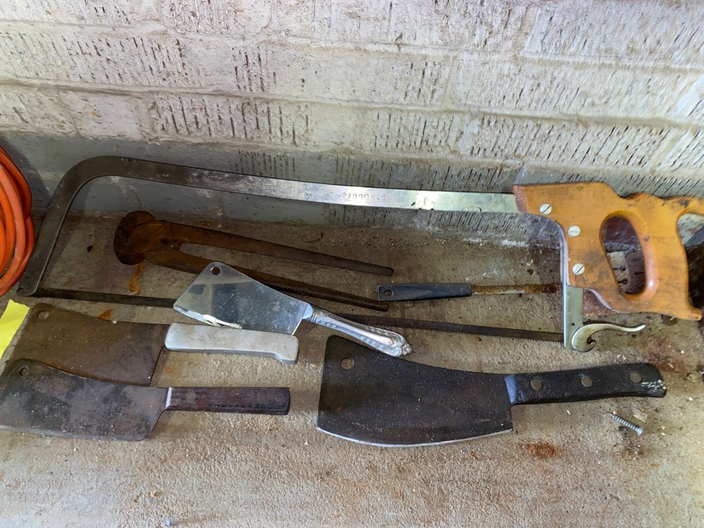 Bone Saw, Meat Cleavers, Sharpening Steel, and Pincers