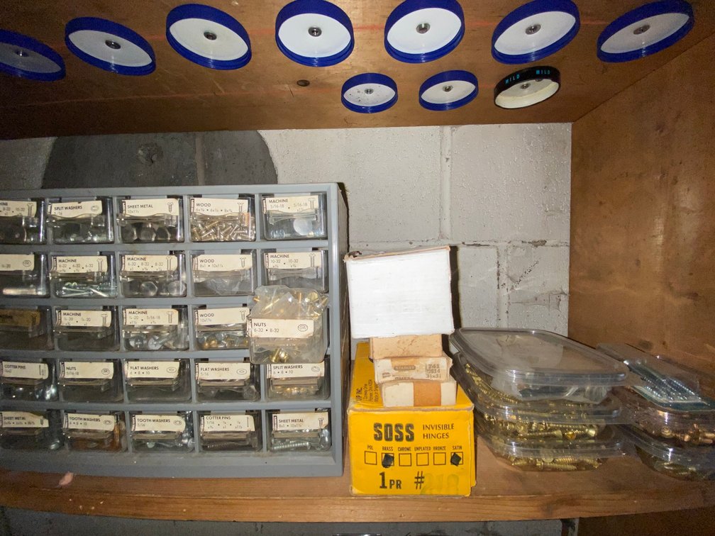 Hardware Organizer Cabinet, Hinges, and Screws