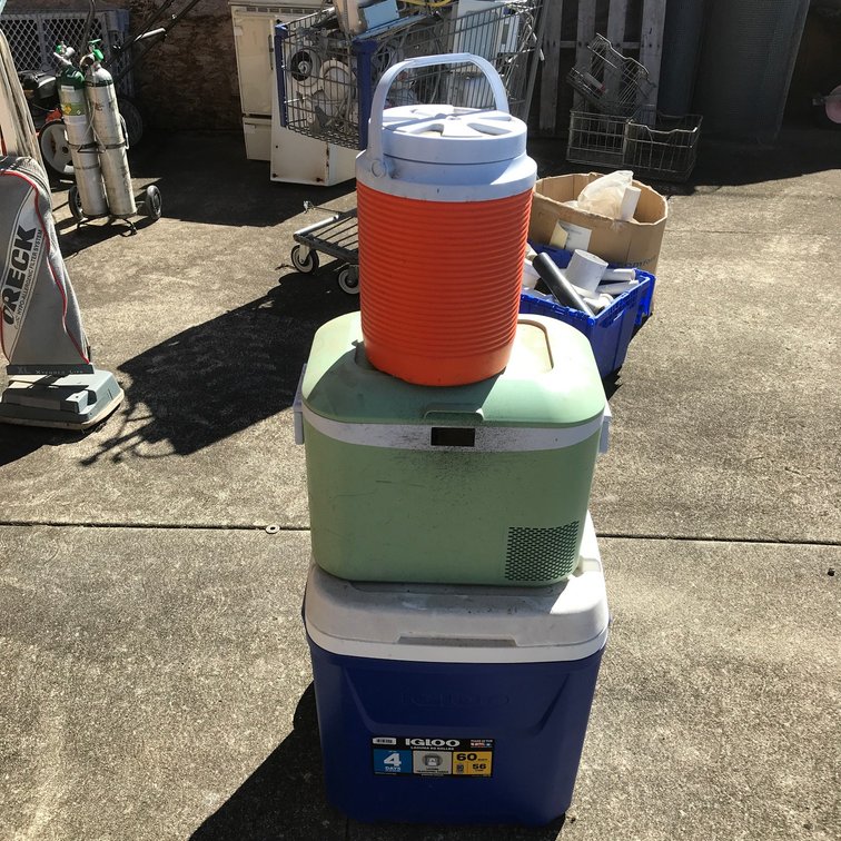 60 Quart Igloo cooler, Rubbermaid water jub, Bingi electric cooler