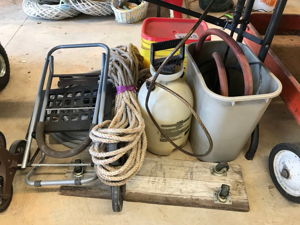 Rope, rolling cart, hose, sprayer