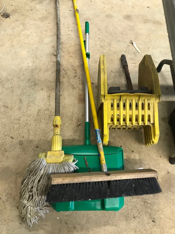 Push broom, mop, dustpan