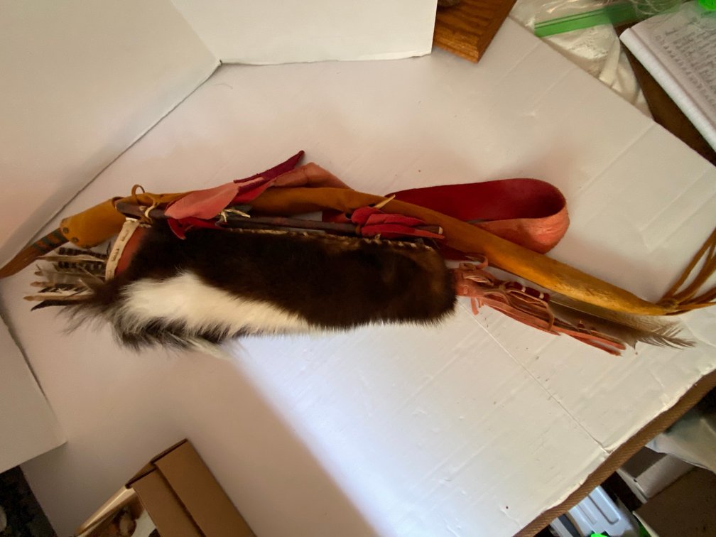 Decorated Wooden Bow, Fur-Covered Quiver & Arrows