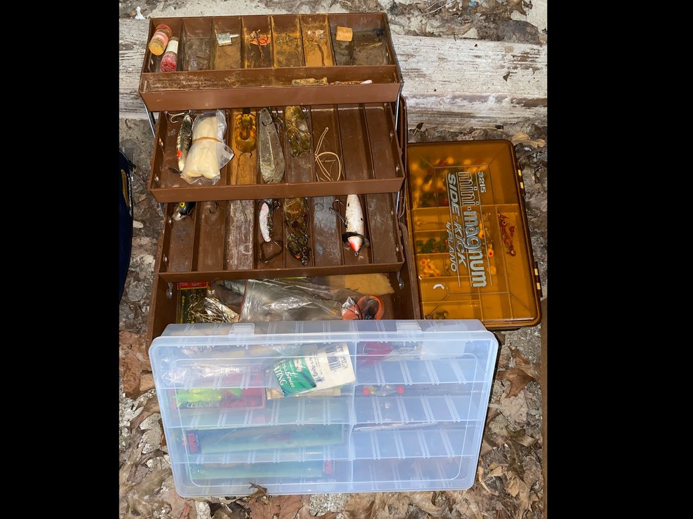Plastic Tackle Boxes with Fishing Lures, Jigs, and Tackle