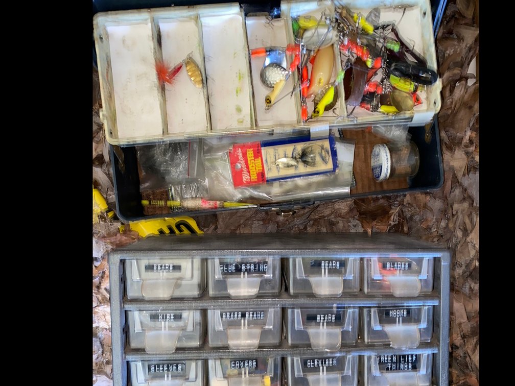 Metal Parts Cabinet and Tackle Box with Fishing Tackle