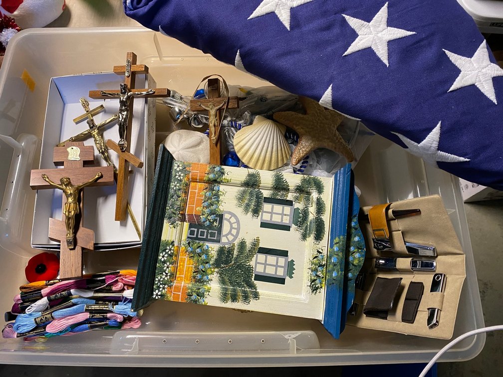 US Flag, Wooden Key Cabinet, Crucifixes, and More