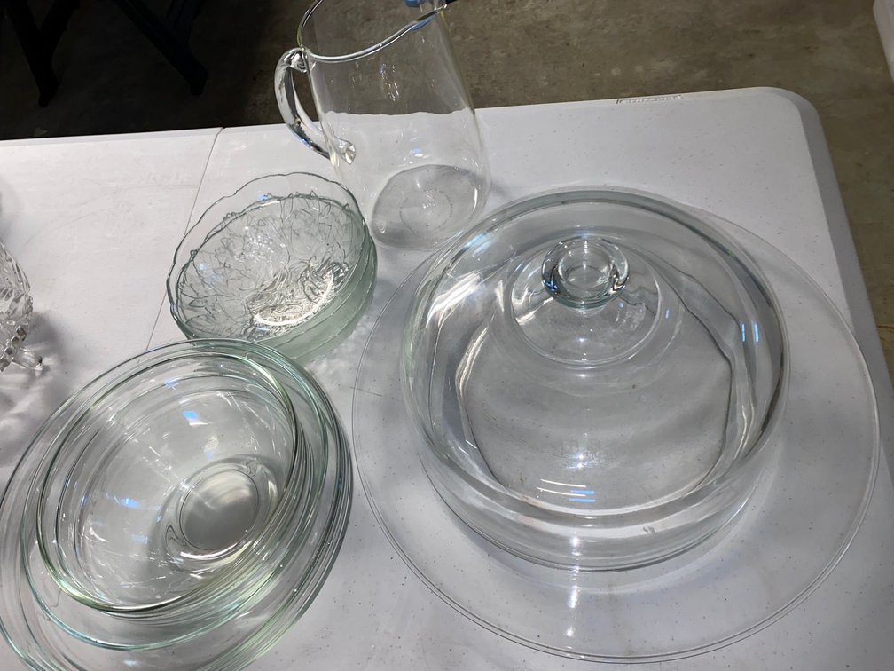 Glass Cake Dome with Platter, Pitcher, Bowls, and More