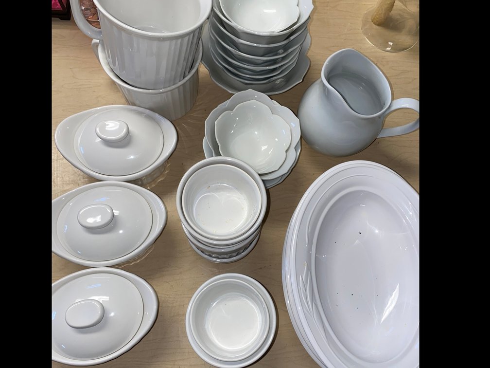 White Ceramic Platters, Covered Dishes, Ramekins, and More