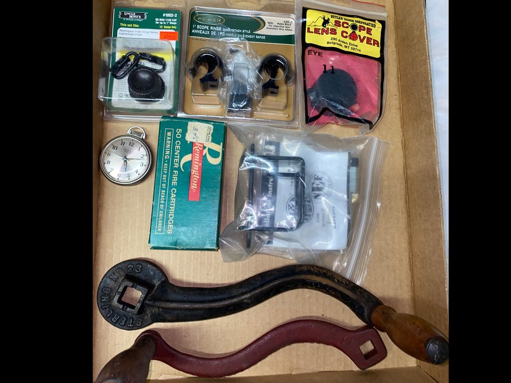 Cast Iron Hand Cranks, Pocket Watch, Firearm Accessories, and More