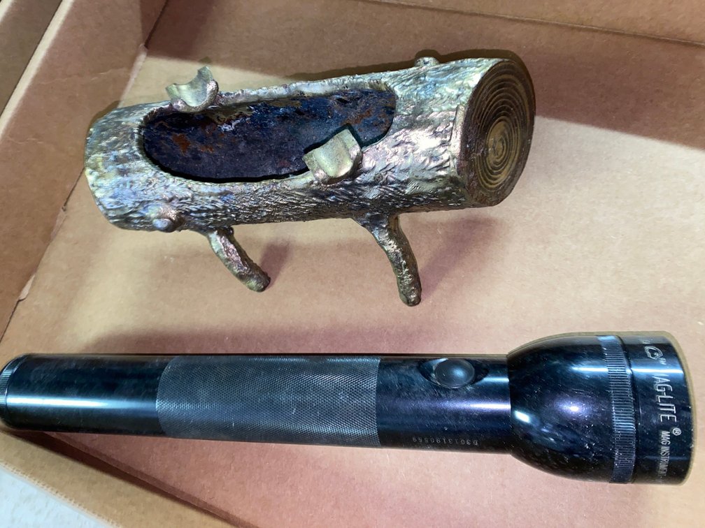 Flashlight and Cast Metal Log Ashtray