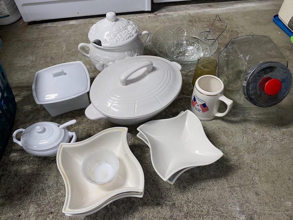 Ceramic Tureens, Glass Counter Jar, Serving Dishes, and More