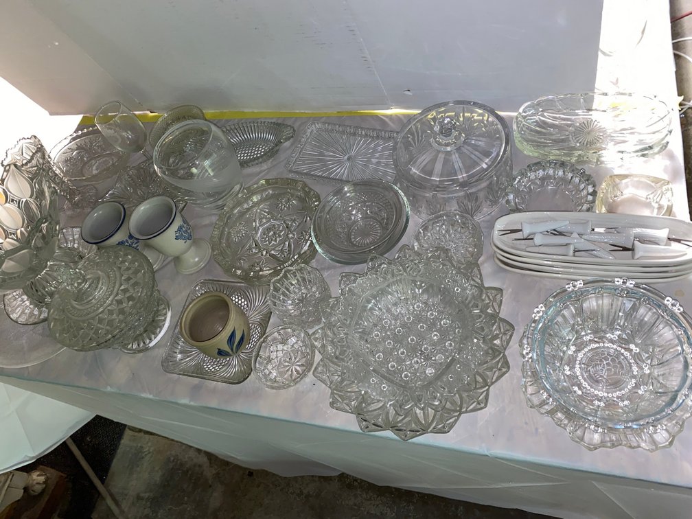 Pressed Glass Tableware, Ceramic Cups, Stoneware Crock, and More