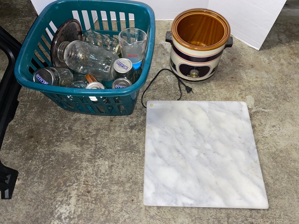 Marble Slab, Electric Slow Cooker, Glass Jars in Basket