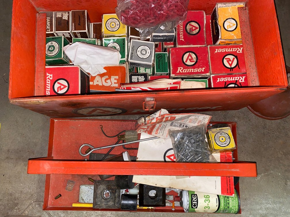 Metal Toolbox with Powder Loads, Fasteners, and More