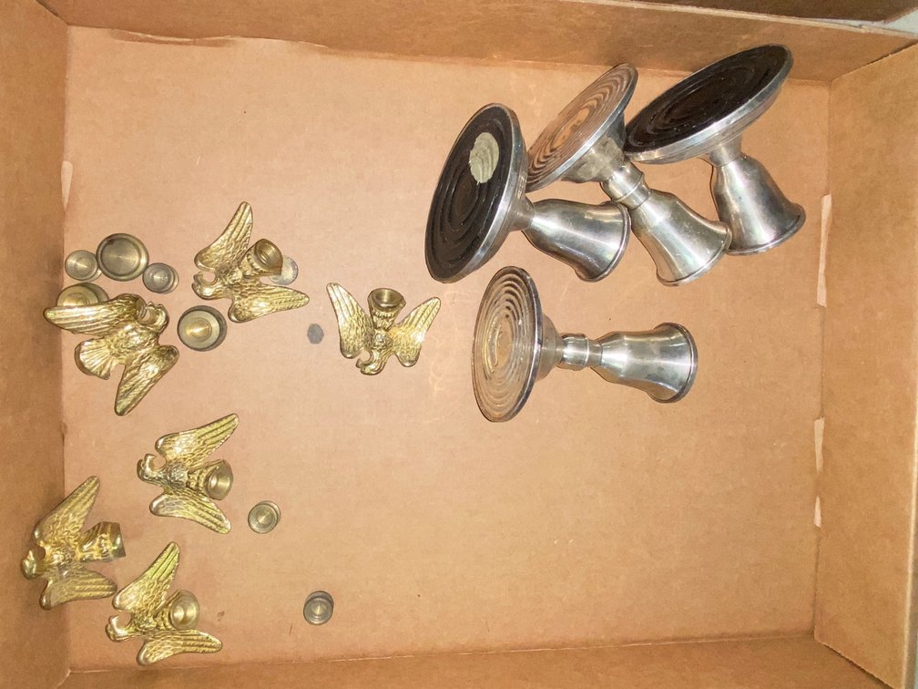 Brass Eagle Finials, Candlesticks, Nesting Cutlery, and More