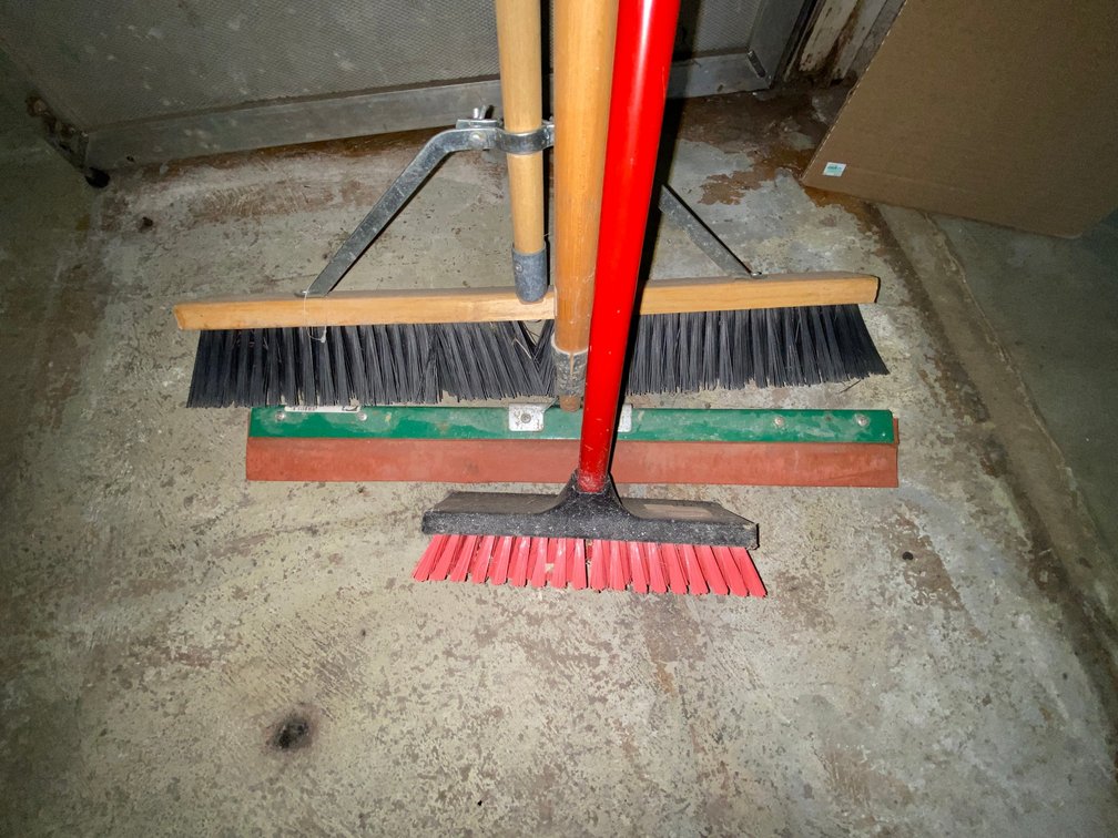 Push Broom, Floor Squeegee, and Scrub Brush