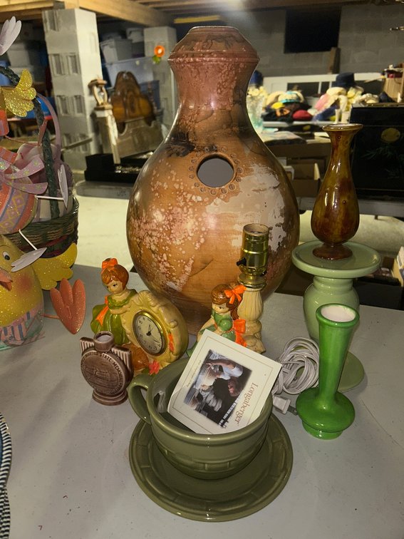 Bud vase, Longaberger mug, large vase, home made ceramic pieces-clock and lamp