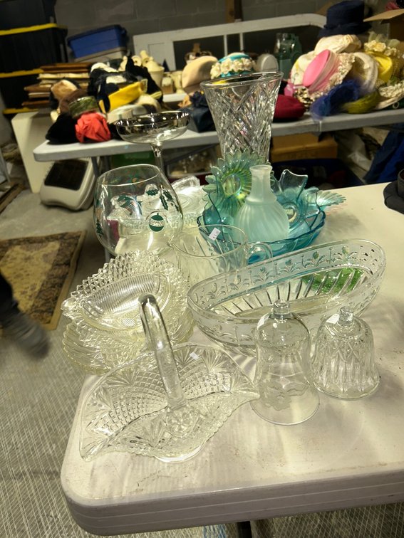 Tall pressed glass vase, serving dishes, bowl, Christmas vase