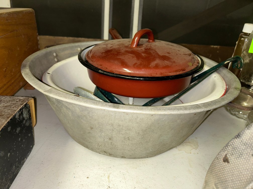 Enamelware brown covered skillet, wash bowl, plate, aluminum wash bowl