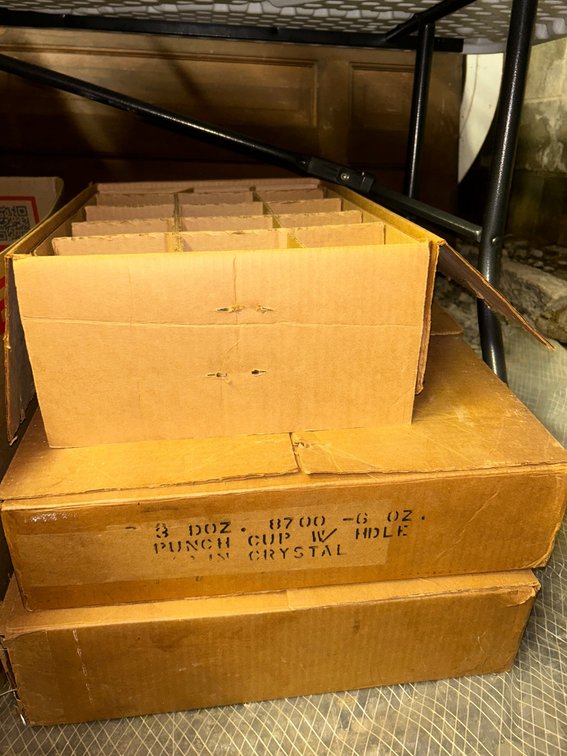 Boxes of punchbowl, 1 box of clear glass creamers