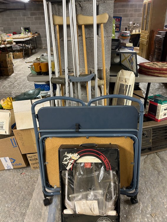 Crutches, folding table, bathroom scale