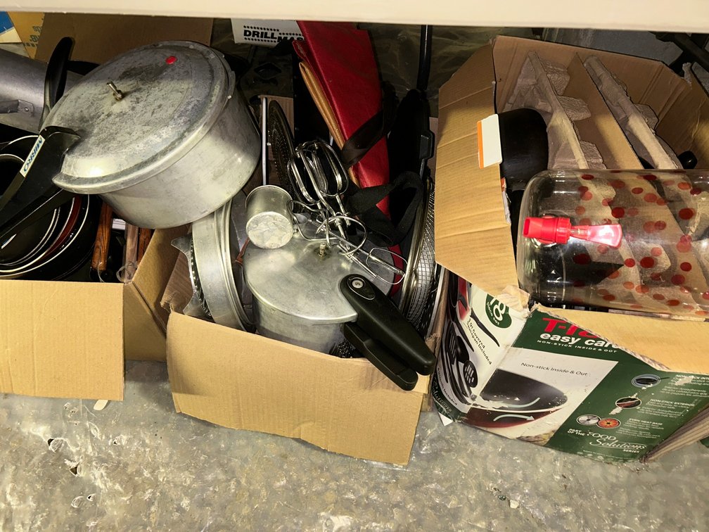 Pressure cooker, pots and pans, baking items