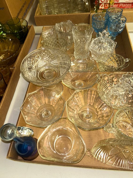 Pressed glass pedestal candy dishes, creamer, sugars