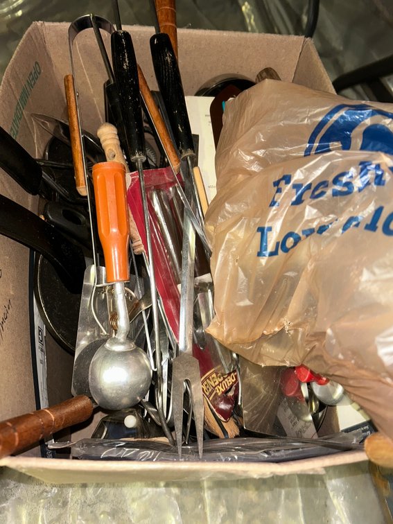 Kitchen serving utensils, BBQ utensils, skillets